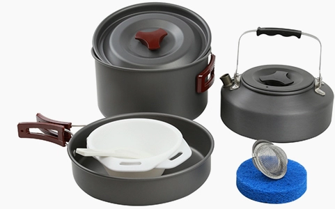 description of Hard Anodised Aluminum Camping Cookware with Tea Kettle