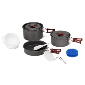 Manufacturer Supply Portable Camping Hiking Anodizing Aluminum Camp Cookset with PP Dinerware