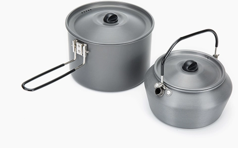 description of Campsite Aluminum Cooking Pot and Tea Kettle